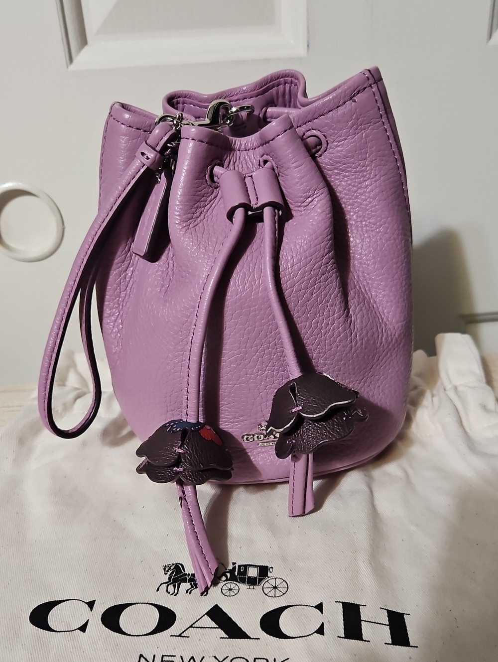 Coach NWOT Lilac Pebbled Leather  Drawstring Mini Bucket Bag